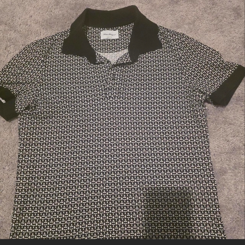 Salvatore Ferragamo Black & White Logo-Pattern Polo